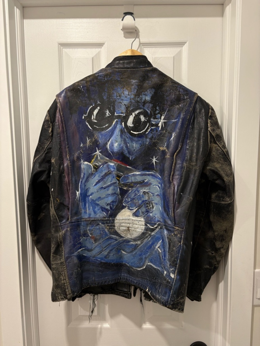 Vintage 1970s Leather Jacket Hand painted Size small Men’s Distressed Cafe Racer